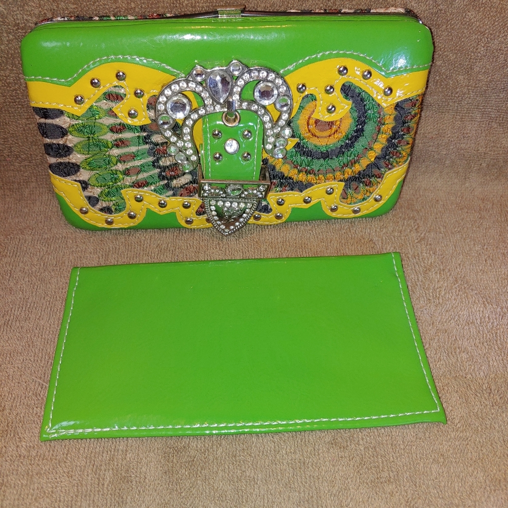 Green & Yellow Rhinestone Buckle Clasp Wallet - Picture 5 of 7